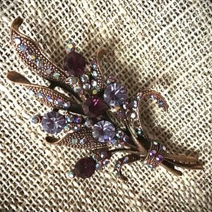 Vintage Floral Pin Copper Metal and Rhinestones.